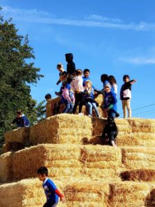 first grade students climbing the hay