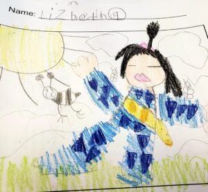 1st grade drawing of Suki in her Kimono