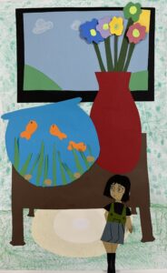 Still life collage illustrating a fish bowl and flowers, created by a 3rd grade student.