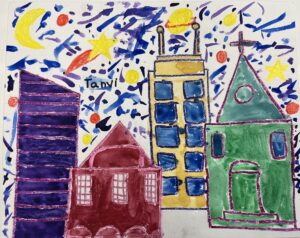 Starry Night painting with the Indianapolis skyline painted by a third grade student.
