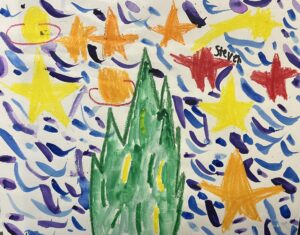 Starry night painting created by a second grader for the annual art show.