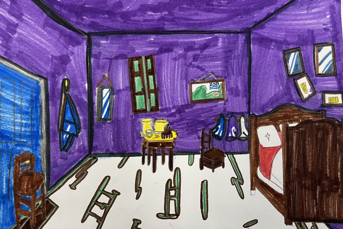 5th grade student artwork. A still life of a bedroom inspired by Vincent van Gogh.