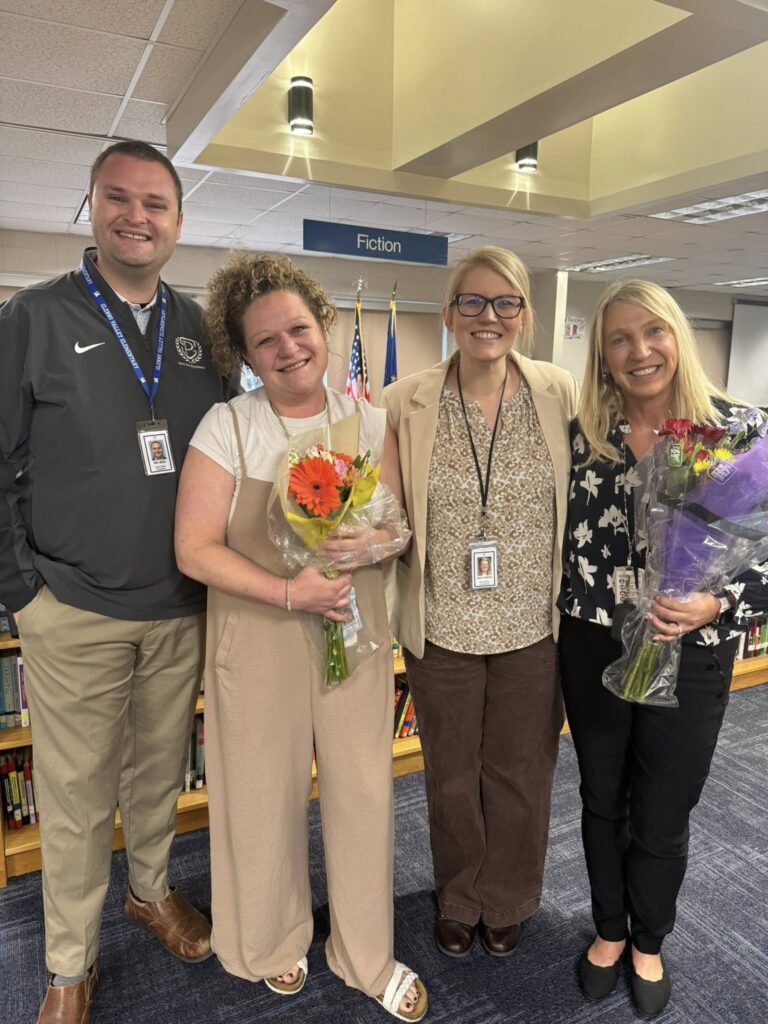 Mr. Bess and Mrs. Smith pictured with Mrs. French GV teacher of the year and Ms. Schlegel support staff of the year
