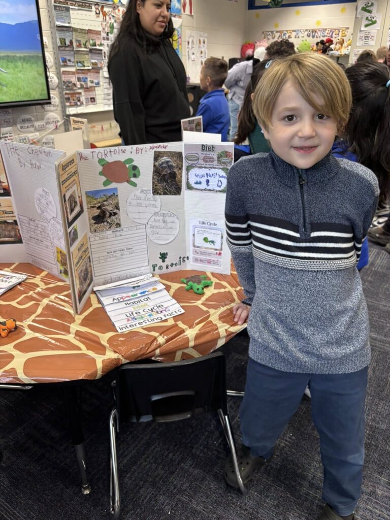 First grader presenting about his at tortoise and it's habitat