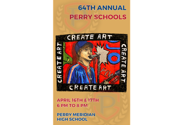 Flyer for the 64th Annual Perry Township Schools District Art Show. Event takes place at Perry Meridian High School on April 16 and 17 from 6:00 to 8:00 PM. The design features a colorful, flowing ribbon of artwork including abstract patterns, portraits, and landscapes on a black background. Event title appears in bold white text at the top, with Perry Township Schools branding at the bottom.