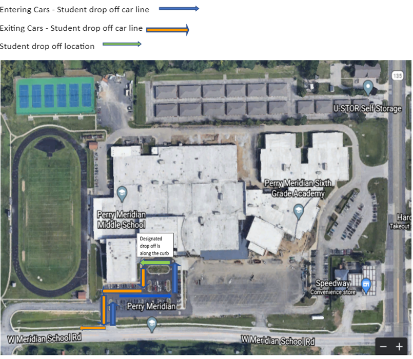 Map showing morning drop-off procedures for car riders
