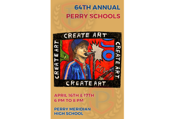 Flyer for the 64th Annual Perry Township Schools District Art Show. Event takes place at Perry Meridian High School on April 16 and 17 from 6:00 to 8:00 PM. The design features a colorful, flowing ribbon of artwork including abstract patterns, portraits, and landscapes on a black background. Event title appears in bold white text at the top, with Perry Township Schools branding at the bottom.