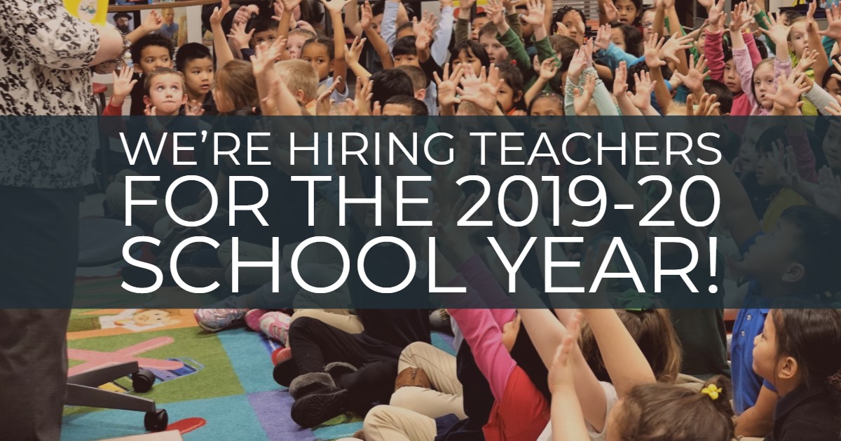 Kids raising their hands, banner across the screen saying "we're hiring teachers for the 2019-20 school year."