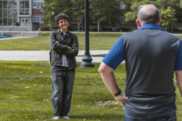 A videographer captures footage of a Perry Township Schools student on the University of Indianapolis campus during filming for the Innovation & Entrepreneurship Program.